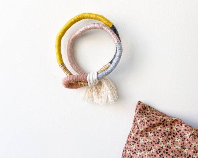 Rope Wall Decor For Boho Nursery, Yarn Wrapped Circular Hanging, Fiber Art Knot Girl Bedroom - image 1