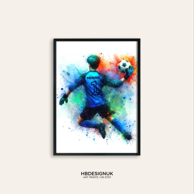 Football Soccer Goalie Personalised Print - Watercolor Gifts - Custom Present Boy Room Decor Personalized Wall Artwork - image 1