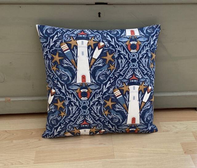 Handmade Nautical Lighthouse Cushion Cover Indigo Blue Linen Pillow Sham - image 1