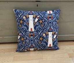 Handmade Nautical Lighthouse Cushion Cover Indigo Blue Linen Pillow Sham - thumbnail 1