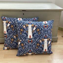 Handmade Nautical Lighthouse Cushion Cover Indigo Blue Linen Pillow Sham - thumbnail 3