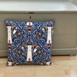 Handmade Nautical Lighthouse Cushion Cover Indigo Blue Linen Pillow Sham - thumbnail 2