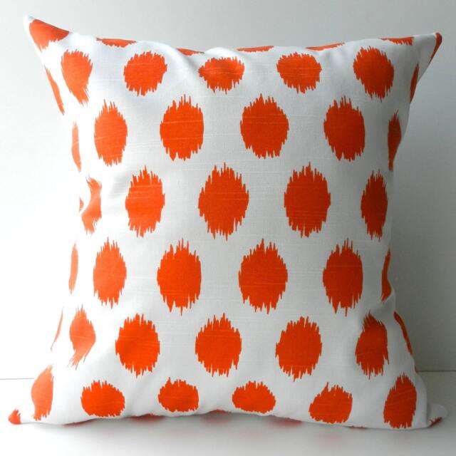 New 18x18 Inch Designer Handmade Pillow Cases in Orange Ikat Dot On White