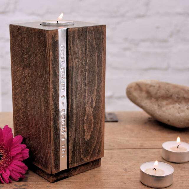 Wooden Block Tealight Holder - Personalised Candle 5Th Anniversary Wood Handcrafted Tea Light Candleholder - image 1