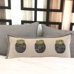 Barrel Cactus Print Kidney Pillow Hand Block Printed Decorative Pillow - thumbnail 2
