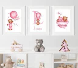 Personalised Teddy Bear Nursery Print Set Watercolor Girls Room Decor - thumbnail 1