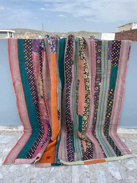 Cotton Kantha Quilt Block Print Handmade Reversible Patchwork Bohemian Blanket - image 1