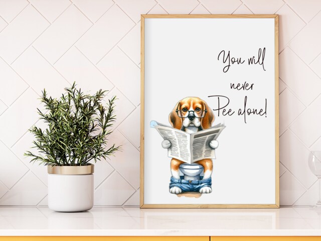 Beagle Bathroom Art Print, Unframed Beagle in The Toilet Poster, Housewarming Gift Decor Wall Art, Never Pee Alone - image 1