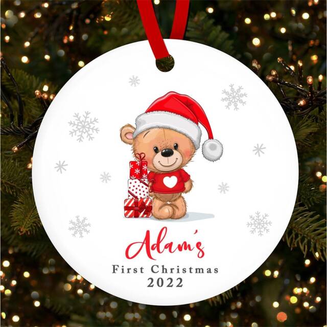 Teddy Bear Baby's 1st Round Personalised Christmas Tree Ornament Decoration