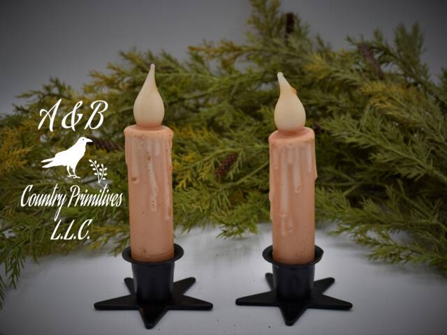 Set Of - 2 Two Grungy Cream 4 Inch Led Wax Dipped Battery Operated Flameless Timer Taper Candles, Country Primitive Home Decor & Crafting - image 1