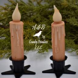Set Of - 2 Two Grungy Cream 4 Inch Led Wax Dipped Battery Operated Flameless Timer Taper Candles, Country Primitive Home Decor & Crafting - thumbnail 2