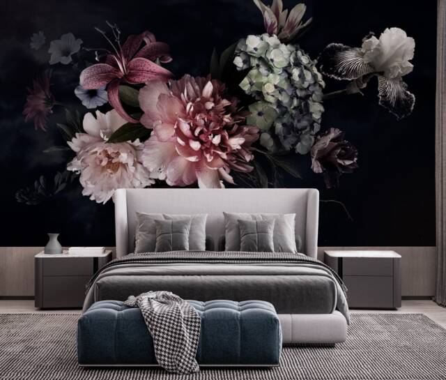Large Dark Peony Flowers Wallpaper Black Background Mural 3D Wall Sticker Decor Self Adhesive Exclusive Design - image 1