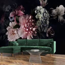 Large Dark Peony Flowers Wallpaper Black Background Mural 3D Wall Sticker Decor Self Adhesive Exclusive Design - thumbnail 3