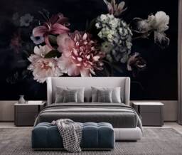 Large Dark Peony Flowers Wallpaper Black Background Mural 3D Wall Sticker Decor Self Adhesive Exclusive Design