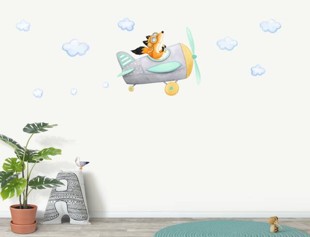 Fox Fabric Wall Decal, Airplane Nursery, Toddler Watercolour Room Decor, Kids Stickers, Neutral Nursery - image 1
