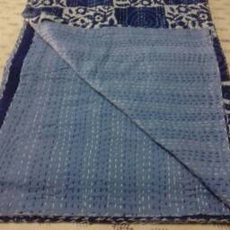 New Indian Handmade Indigo Kantha Quilt Gudri Blanket Throw Bedcover Size Queen - thumbnail 3