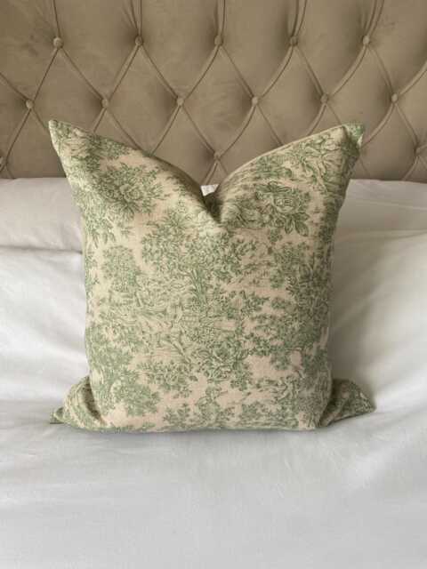 French Toile De Jouy Pillow Cover, Vintage Green Linen Bedding - image 1