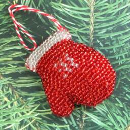 Mitten Bauble, Red & White Glove Ornament, Small Christmas Tree Decoration Gift Topper, Wine Bottle Decor, Winter Wedding Party Favour Idea - thumbnail 2