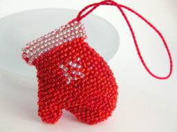 Mitten Bauble, Red & White Glove Ornament, Small Christmas Tree Decoration Gift Topper, Wine Bottle Decor, Winter Wedding Party Favour Idea - thumbnail 1