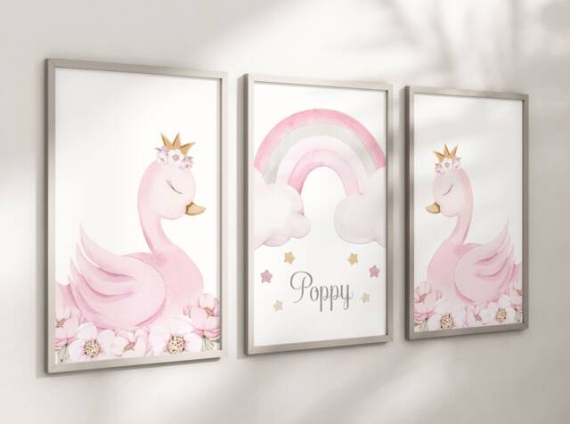 Swan Princess Girls A4 Or A3 Nursery Set Of Unframed Personalised Prints Pink Gold Grey Flowers Rainbow Crown Wall Decor Art - image 1