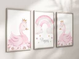 Swan Princess Girls A4 Or A3 Nursery Set Of Unframed Personalised Prints Pink Gold Grey Flowers Rainbow Crown Wall Decor Art - thumbnail 1