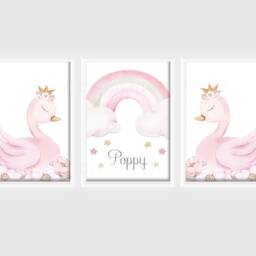 Swan Princess Girls A4 Or A3 Nursery Set Of Unframed Personalised Prints Pink Gold Grey Flowers Rainbow Crown Wall Decor Art - thumbnail 2