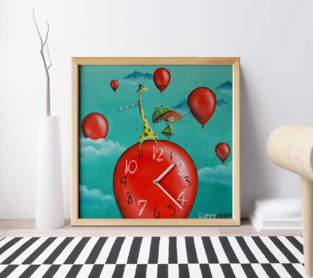 Giraffe Nursery Wall Clock Hand-Painted Whimsical Art, Balloons Illustration Children's Room Silent Clock - image 1