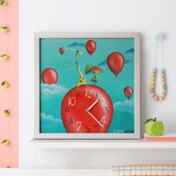 Giraffe Nursery Wall Clock Hand-Painted Whimsical Art, Balloons Illustration Children's Room Silent Clock - thumbnail 2