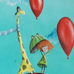 Giraffe Nursery Wall Clock Hand-Painted Whimsical Art, Balloons Illustration Children's Room Silent Clock - thumbnail 3