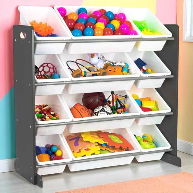 Kids Wooden Sling Bookshelf & Toy Storage Rack, 4 Tier Grey White Organizer, Playroom Bookcase, Nursery Shelf Unit - image 1