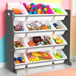 Kids Wooden Sling Bookshelf & Toy Storage Rack, 4 Tier Grey White Organizer, Playroom Bookcase, Nursery Shelf Unit - thumbnail 1