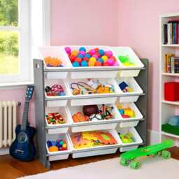Kids Wooden Sling Bookshelf & Toy Storage Rack, 4 Tier Grey White Organizer, Playroom Bookcase, Nursery Shelf Unit - thumbnail 2