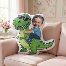 Personalized Photo Face Pillow, Kids Riding Dinosaur Pillows, Birthday Boy Gifts, Funny Ugly Custom Shaped Stuffed - thumbnail 1