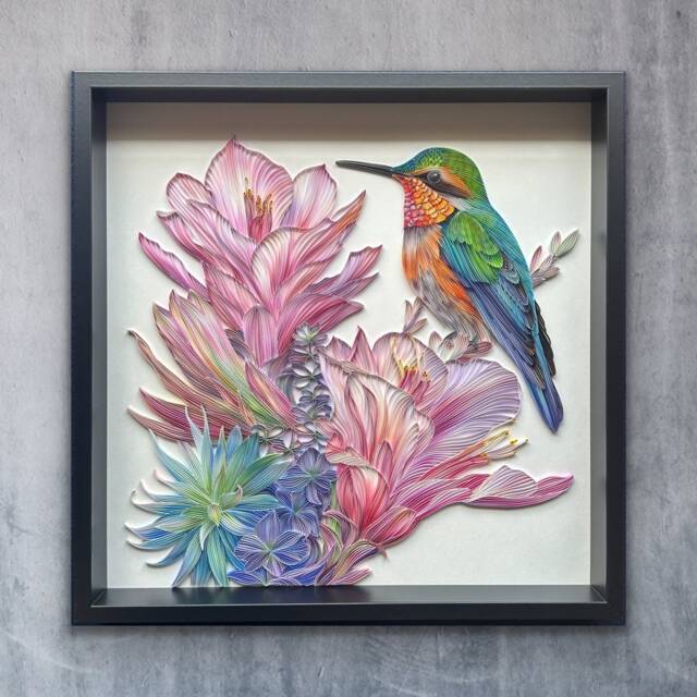 Quilled Bird & Flower, Hummingbird Blossom Beauty, 50x50 cm, Covered With Acrylic, Unique Gift For Anniversary, Wedding, Birthday - image 1
