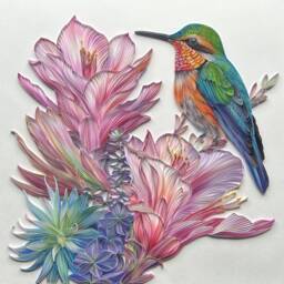 Quilled Bird & Flower, Hummingbird Blossom Beauty, 50x50 cm, Covered With Acrylic, Unique Gift For Anniversary, Wedding, Birthday - thumbnail 3