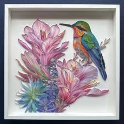 Quilled Bird & Flower, Hummingbird Blossom Beauty, 50x50 cm, Covered With Acrylic, Unique Gift For Anniversary, Wedding, Birthday - thumbnail 2