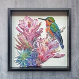 Quilled Bird & Flower, Hummingbird Blossom Beauty, 50x50 cm, Covered With Acrylic, Unique Gift For Anniversary, Wedding, Birthday - thumbnail 1
