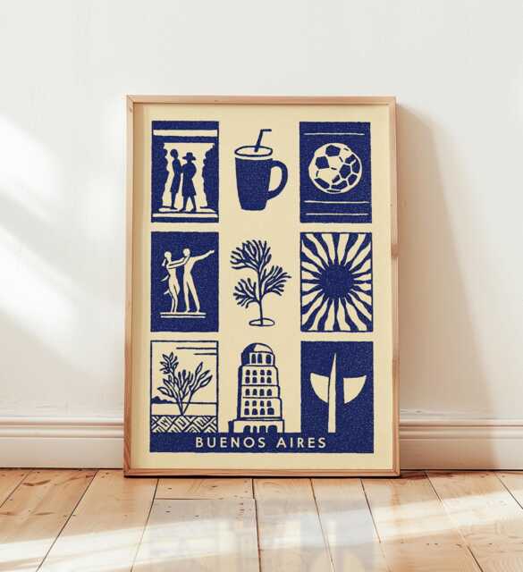 Buenos Aires Linocut Art Print, Modern Argentina Poster, Minimalist Travel Wall Art, Blue & Beige City Boho Home Decor - image 1