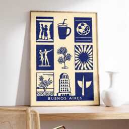 Buenos Aires Linocut Art Print, Modern Argentina Poster, Minimalist Travel Wall Art, Blue & Beige City Boho Home Decor - thumbnail 2