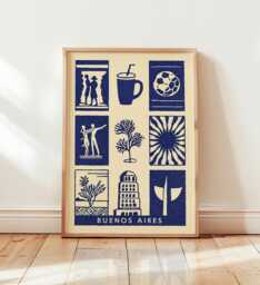 Buenos Aires Linocut Art Print, Modern Argentina Poster, Minimalist Travel Wall Art, Blue & Beige City Boho Home Decor - thumbnail 1