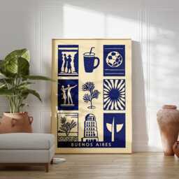 Buenos Aires Linocut Art Print, Modern Argentina Poster, Minimalist Travel Wall Art, Blue & Beige City Boho Home Decor - thumbnail 3
