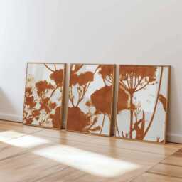 Rust Botanical Wall Art Set Of 3, Minimalist Terracotta Flower Silhouette Prints, Modern Nature Poster For Living Room Or Neutral Decor - thumbnail 1