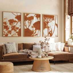 Rust Botanical Wall Art Set Of 3, Minimalist Terracotta Flower Silhouette Prints, Modern Nature Poster For Living Room Or Neutral Decor - thumbnail 3