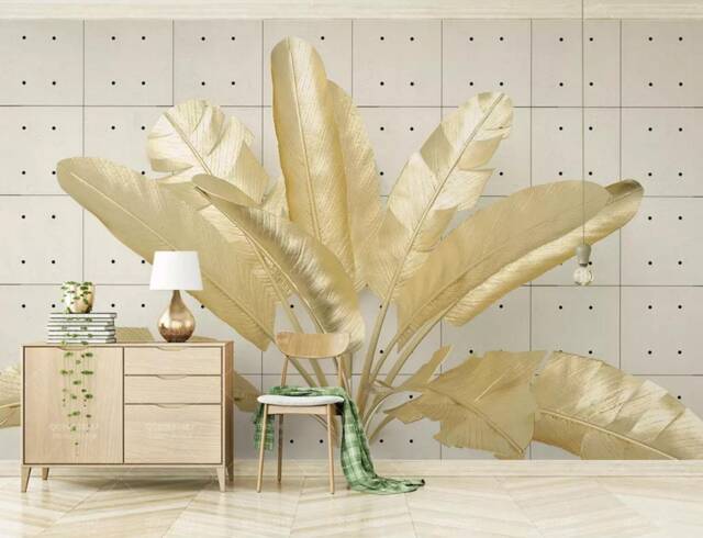 3D Golden Banana Leaf Wallpaper Mural, Tropical Wall Decor, Peel & Stick - image 1