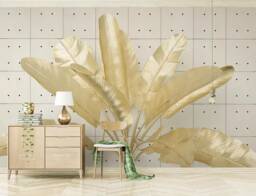3D Golden Banana Leaf Wallpaper Mural, Tropical Wall Decor, Peel & Stick - thumbnail 1