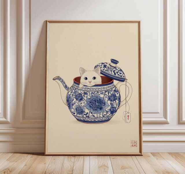 Cat in Teapot Wall Art Poster, Cute Animal Print, Whimsical Kitchen Decor, Oriental Blue & White Illustration, Playful Poster - image 1
