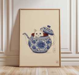 Cat in Teapot Wall Art Poster, Cute Animal Print, Whimsical Kitchen Decor, Oriental Blue & White Illustration, Playful Poster - thumbnail 1
