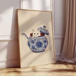 Cat in Teapot Wall Art Poster, Cute Animal Print, Whimsical Kitchen Decor, Oriental Blue & White Illustration, Playful Poster - thumbnail 2