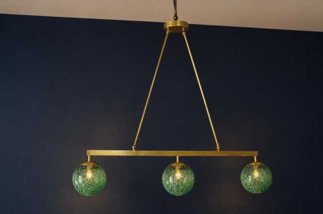 Brushed Brass Linear Chandelier With Green Seeded Glass Globes - 40 - image 1