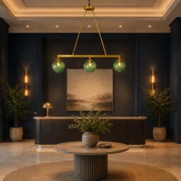 Brushed Brass Linear Chandelier With Green Seeded Glass Globes - 40 - thumbnail 2